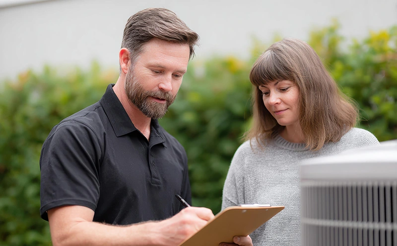 Communication you dont have to chase HVAC technician writing on a clipboard while standing with a homeowner near an outdoor air conditioning unit.