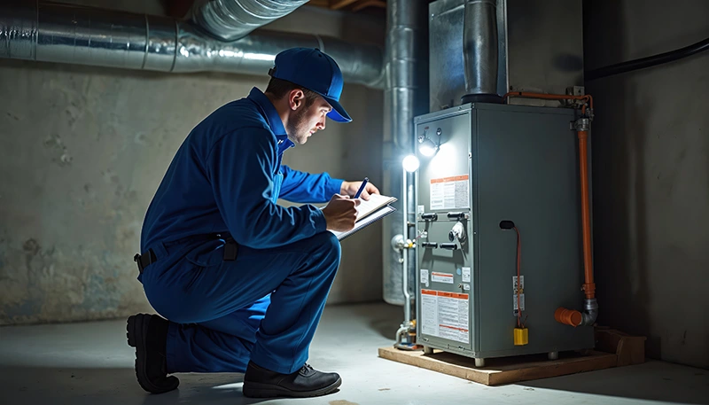 More Than Just Fixing Equipment Professional HVAC technician performing a furnace maintenance safety check in a home basement.