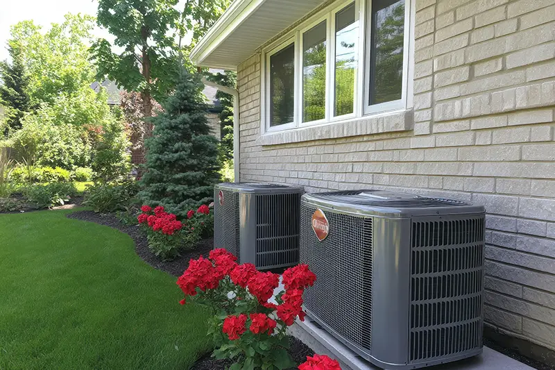 New System Installations image 1 New HVAC system installation with dual outdoor AC condenser units installed along residential siding.