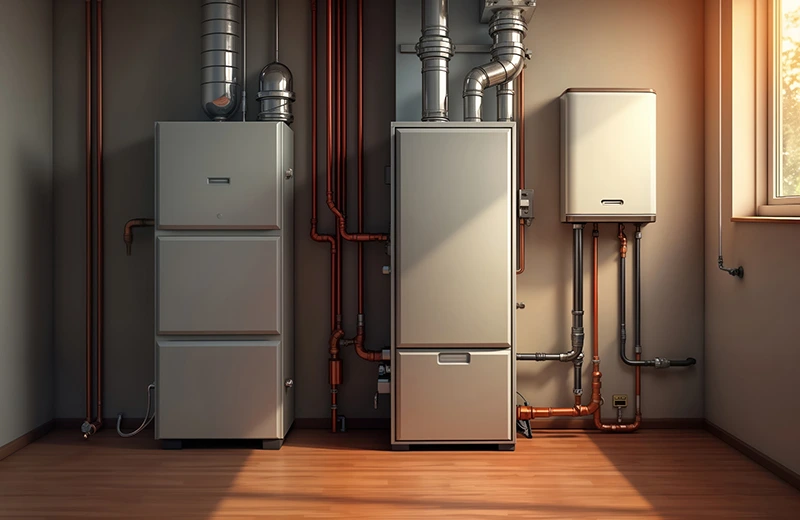 New System Installations image 2 Professional indoor HVAC installation featuring a high-efficiency furnace, heat pump system, and water heater setup.