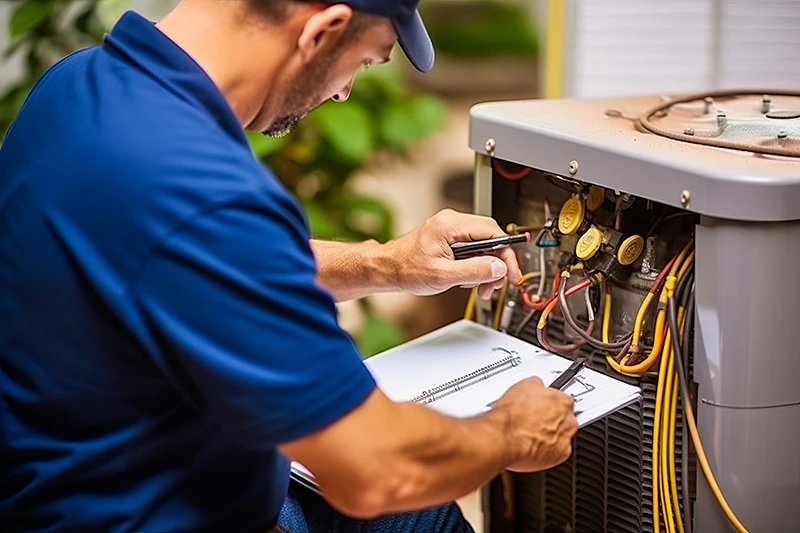 What We do Professional HVAC technician performing air conditioner repair and electrical component inspection.