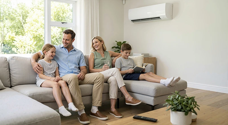why people keep recommending us Family enjoying comfortable indoor climate and cooling from a ductless mini-split air conditioner.